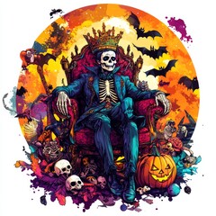 Enchanting Vampire King on Throne of Bones - Whimsical Cartoonish Art
