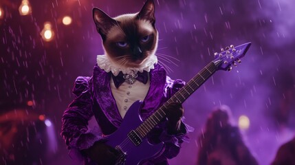 A Siamese cat, outfitted in a stylish purple suit and ruffled collar, strums an electric guitar under colorful lights at a lively concert while rain pours down, creating a dynamic atmosphere.