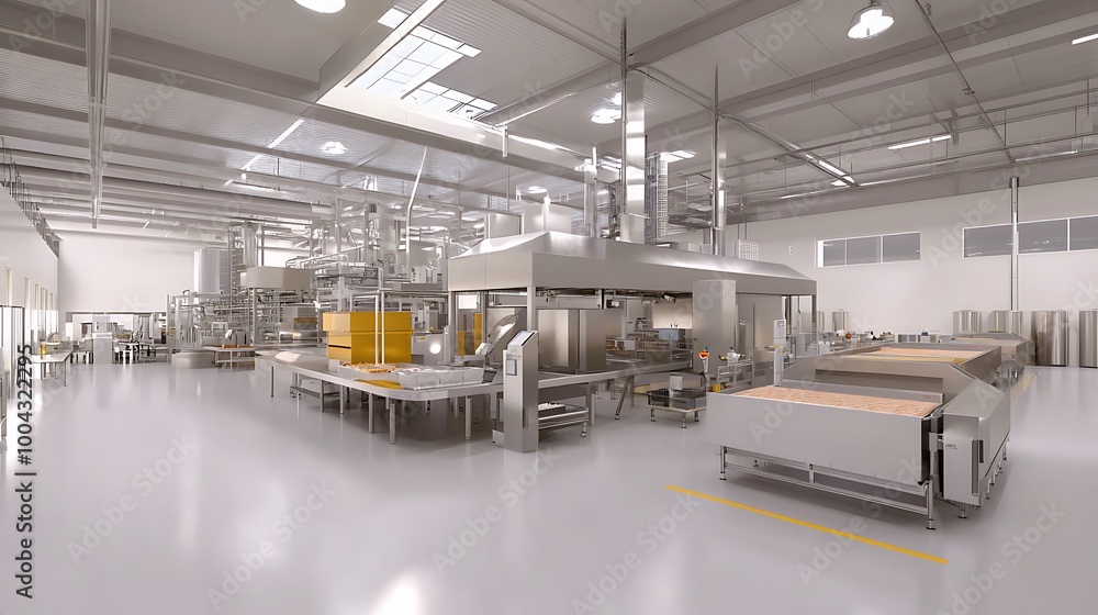 Poster a state-of-the-art food processing plant utilizing robotics for efficient production.