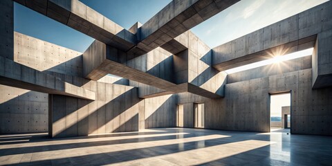 Obraz premium Abstract geometric structure with sunlit shadows on museum walls in brutalist architecture rendering