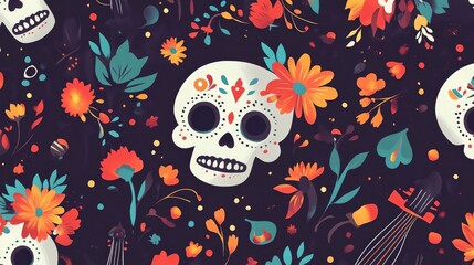 Pattern Illustration of Mariachi Music Elements, Skulls, and Flowers in Traditional Mexican Art Style