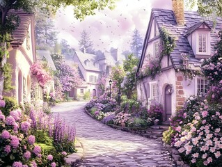 Obraz premium Quaint Pastel Village Scene with Charming Cottages Cobblestone Streets and Blooming Flower Gardens Evoking a Timeless and Nostalgic Atmosphere in a Warm Dreamlike Photographic Style