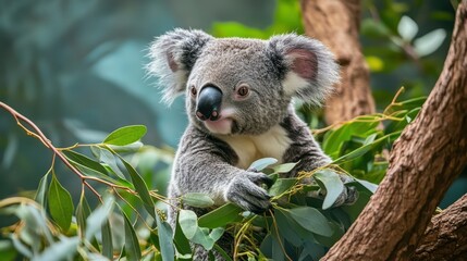 Obraz premium Closeup of a Koala enjoying a meal of eucalyptus leaves, set against a lush green background, perfect for conservation messaging.