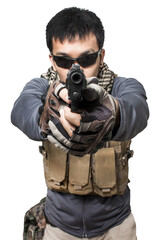 Private military contractor man with modern sub machine gun weapon die cut transparent