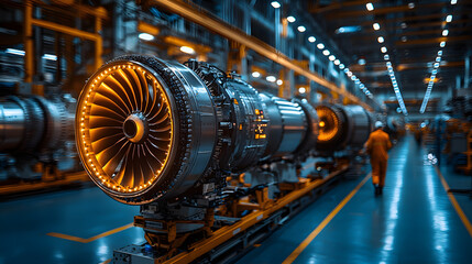 A detailed view of a modern jet engine in an industrial workshop, showcasing advanced technology and engineering precision.
