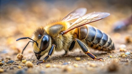 Macro close-up of a lifeless honey bee lying on the ground in nature environment