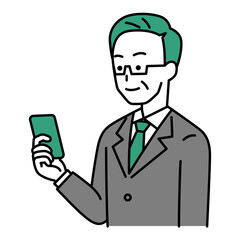 右手に持ったスマートフォンを見ている中年のスーツの男性