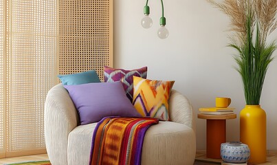  Contemporary interior design featuring a curved sofa, vibrant throw blankets, and geometric pillows, accented by a minimalist hanging lamp. 