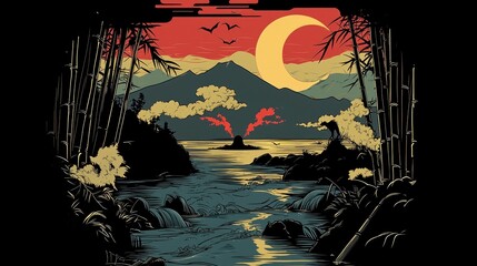 Serene Mountain Landscape with Crescent Moon and Bamboo Forest