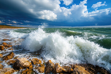 Fototapeta premium Dynamic ocean waves crashing against rocky shore under a dramatic sky.