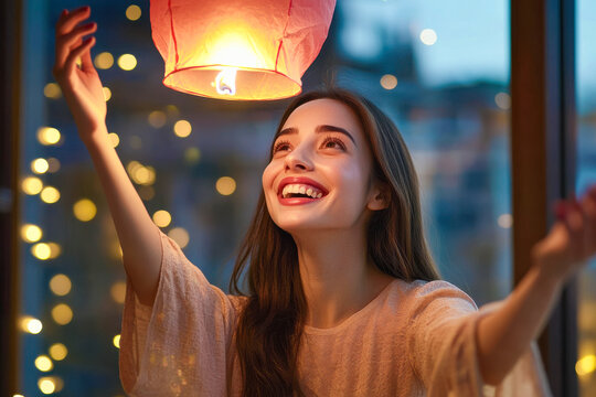 young indian woman setting up lantern for Diwali festival
