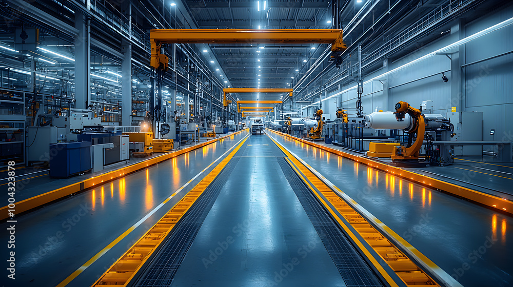 Poster a modern factory interior showcasing advanced robotic systems and automated production lines under b