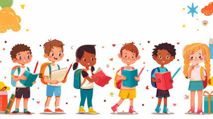 Fototapeta premium Cheerful Back to School Banner Featuring Cartoon Kids with Books and Pencils
