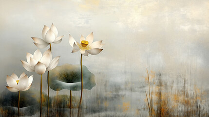 An elegant Chinese landscape painting of a lotus pond, created on Xuan paper with an off-white background and fine gray line textures. The old paper effect adds to the timeless bea
