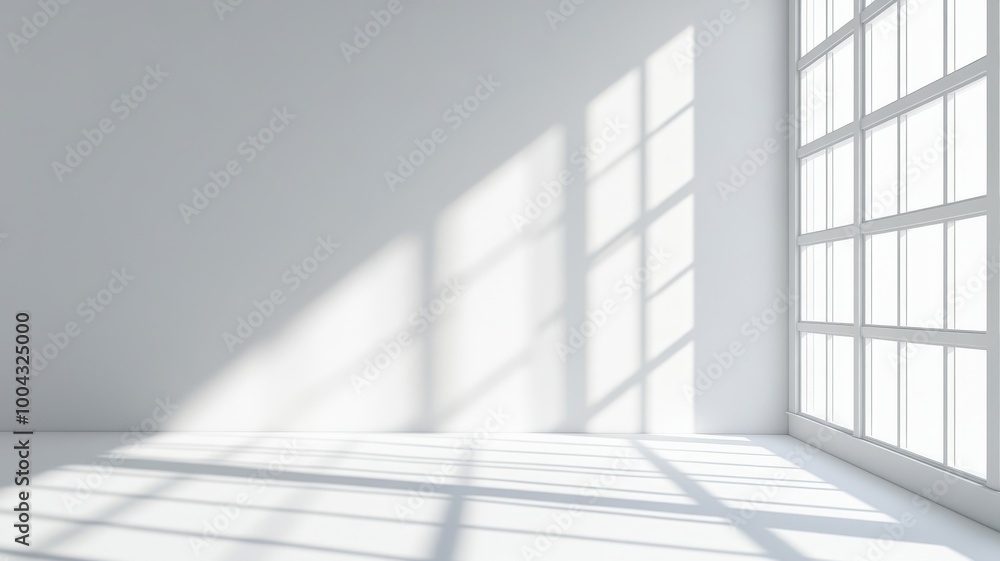 Poster white, empty room with a window and light shadow. vector illustration, 3d rendering, white backgroun