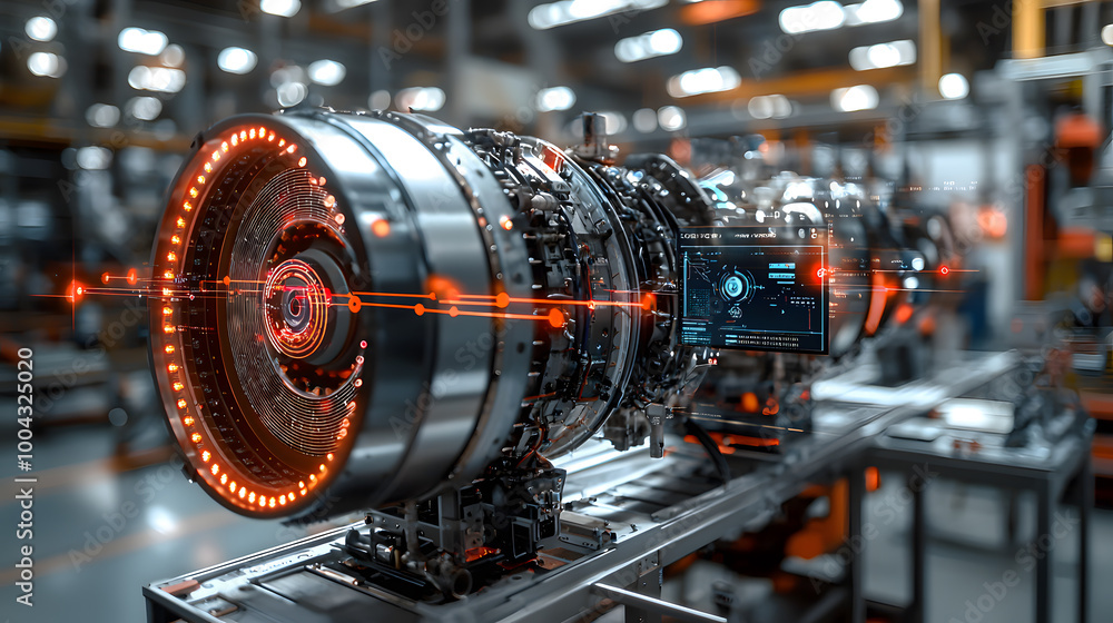 Poster close-up of a modern engine in a workshop, showcasing intricate details and advanced technology in a