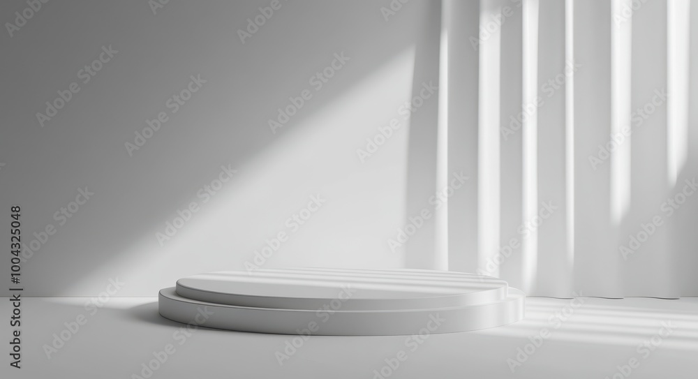Poster 3d render of a white empty podium platform on a light grey background with soft shadow and highlight