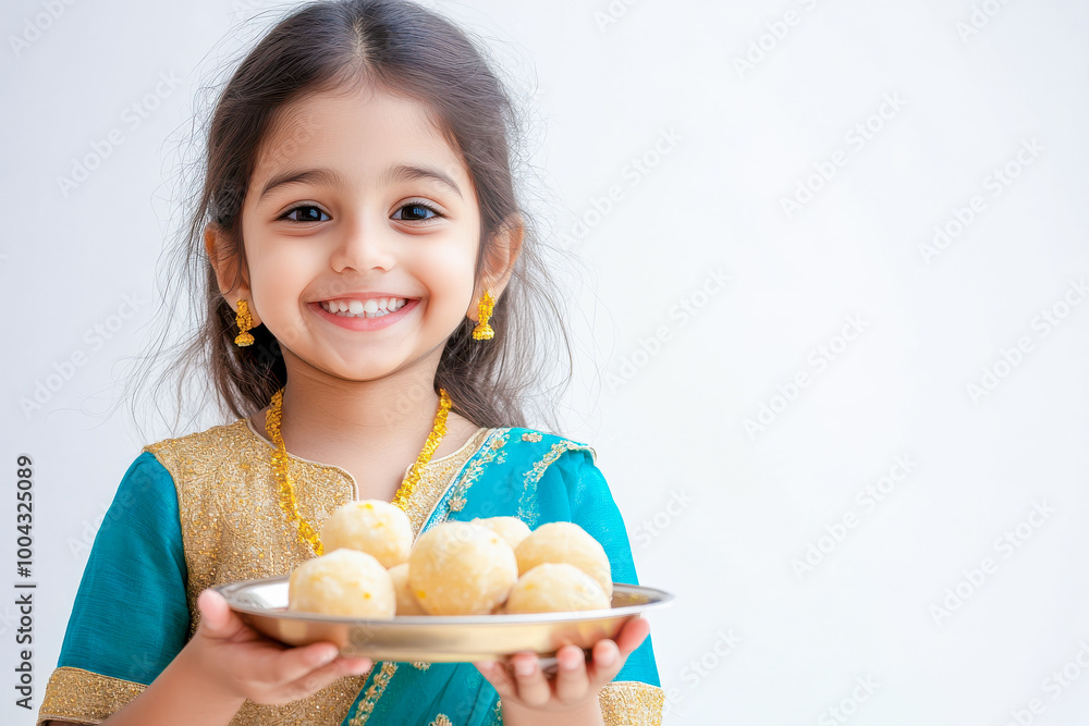 Sticker little indian girl holding sweet plate on white background