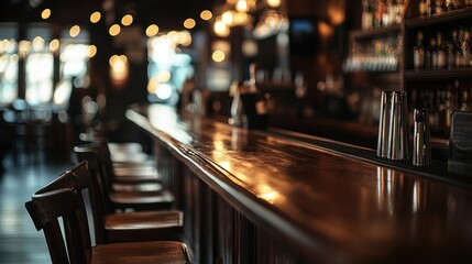 Cozy Bar with Dark Wooden Counter and High Chairs, Blurred Interior in the Background