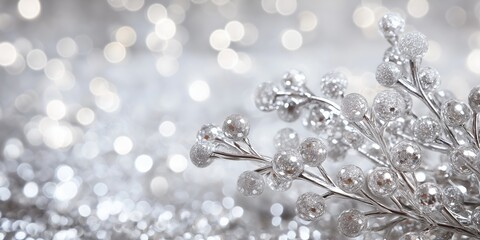 Sparkling silver branch-like ornaments beautifully captured with a soft bokeh effect creating an elegant atmosphere.