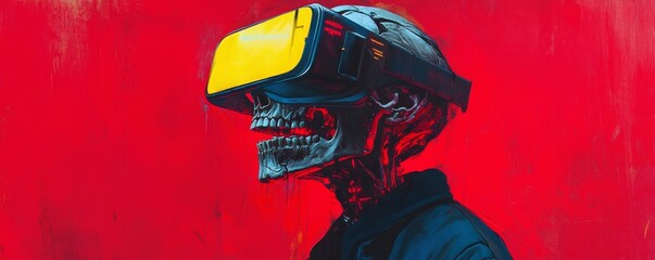 Skeleton wearing virtual reality headset against