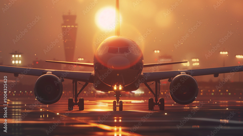 Wall mural airplane in airport runway in sunset light