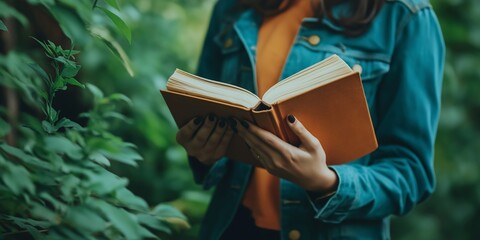 An individual reading a book while surrounded by vibrant green foliage, creating a sense of peace and solitude.