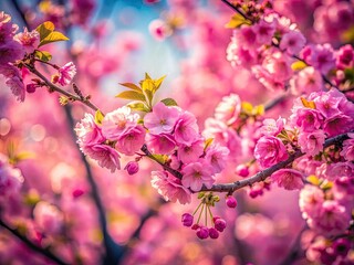 Fototapeta premium Pink Flowering Tree Blossoms in Spring Nature Art Border with Soft Blurred Background Aesthetic