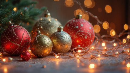 Obraz premium Colorful Christmas ornaments and lights decorated for the holiday season