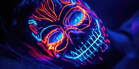 Obraz premium Neon-colored Halloween mask with digital designs glowing in a dystopian cyberpunk world, eerie patterns illuminating the dark