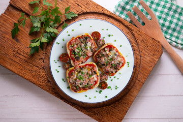 Ham and mini pizzas with mushrooms. Top view table with  decoration.