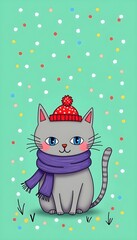 A playful gray cat in warm clothes is surrounded by colorful dots, adding cheer