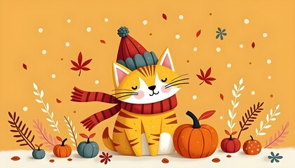 Naklejka premium A playful tiger-striped cat wears a hat and scarf amid fall leaves and pumpkins