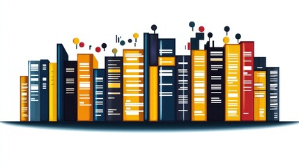 Stylized buildings rise in colorful layers, creating a dynamic city skyline at dusk