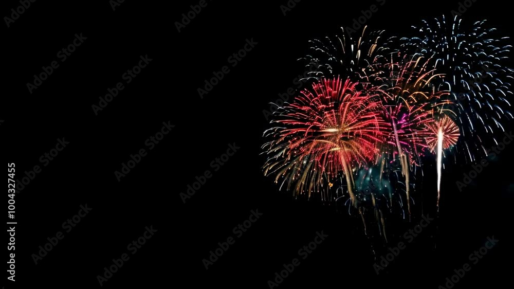 Poster Fireworks exploding in the night sky with vivid colors of red, blue, green and yellow creating a beautiful abstract design