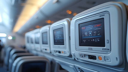Obraz premium Interior view of an airplane cabin featuring individual entertainment screens on the back of seats for passenger enjoyment.