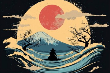 Japanese Landscape with Red Moon and Mountain