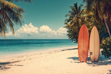 Vintage Surfboards on a Tropical Island Beach, AI generated illustration