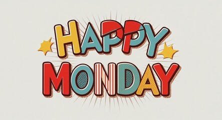 happy Monday word lettering in retro pop art style design on plain white background