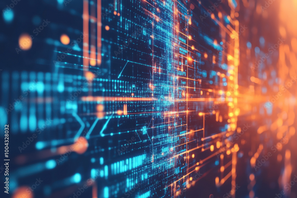 Poster Vibrant digital landscape showcasing intricate data patterns and glowing connections in a futuristic abstract design. Generative AI