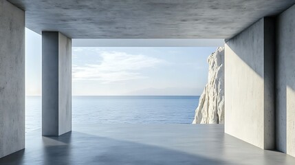 Terrace with sea view. Empty balcony room made of concrete