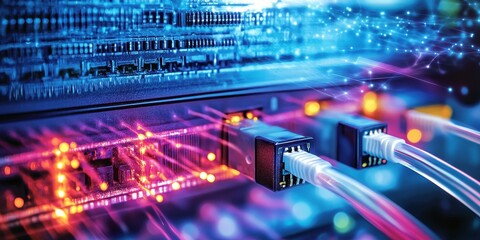 Fiber optic signals in telecommunication, showcasing light pulses, high-speed data transfer, and advanced connections.