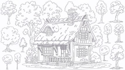 Coloring Page for kid Cartoon House and tree collection set Theme Cute Cottage cozy house nestled among trees. home and nature in a serene forest setting