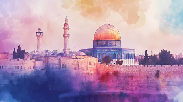 Al aqsa mosque in jerusalem with watercolor painting art. islamic architecture. Arabian Nights. Illustration