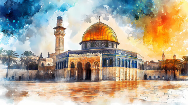 Al aqsa mosque in jerusalem with watercolor painting art. islamic architecture. Arabian Nights. Illustration