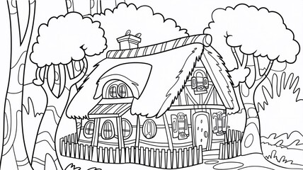 Obraz premium Coloring Page for kid Cartoon House and tree collection set Theme Cute Cottage cozy house nestled among trees. home and nature in a serene forest setting