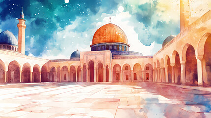 Al aqsa mosque in jerusalem with watercolor painting art. islamic architecture. Arabian Nights. Illustration