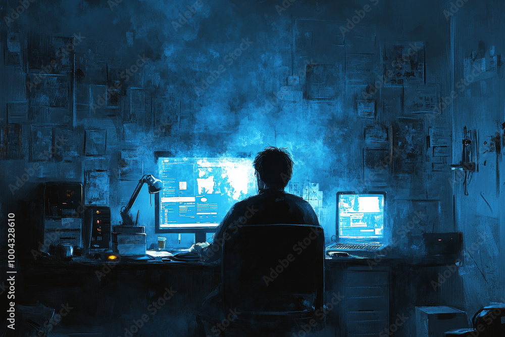 Poster a man is sitting at a desk with two computer monitors in front of him