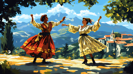 Albanian folk couple dance from tirana with folk dress. Balkan Folk Dance. Illustration