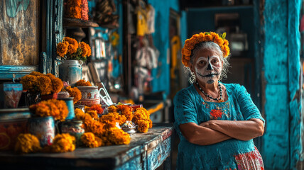 Celebrating Day of the Dead with vibrant marigolds and traditional face painting in a colorful home